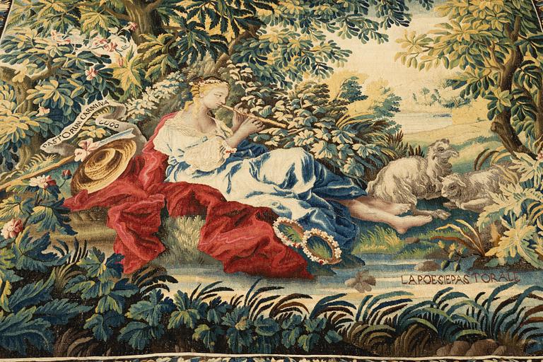 A tapestry, “La poesie pastoral”, tapestry weave, ca 251,5 x 283 cm, after Boucher, France 18th century.