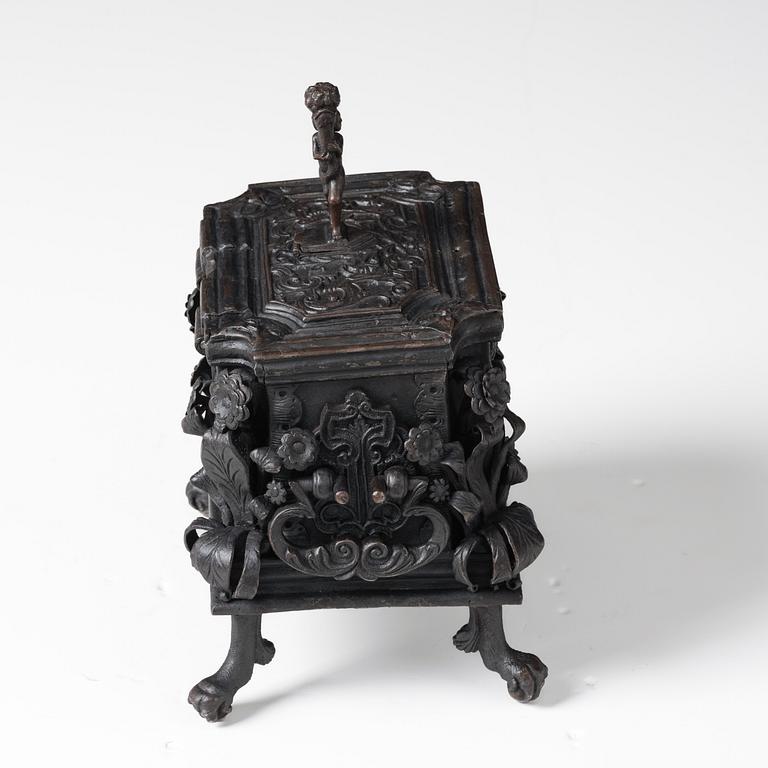 A South-German, presumably Nuremberg, Baroque iron and steel strongbox, later part of the 17th century.