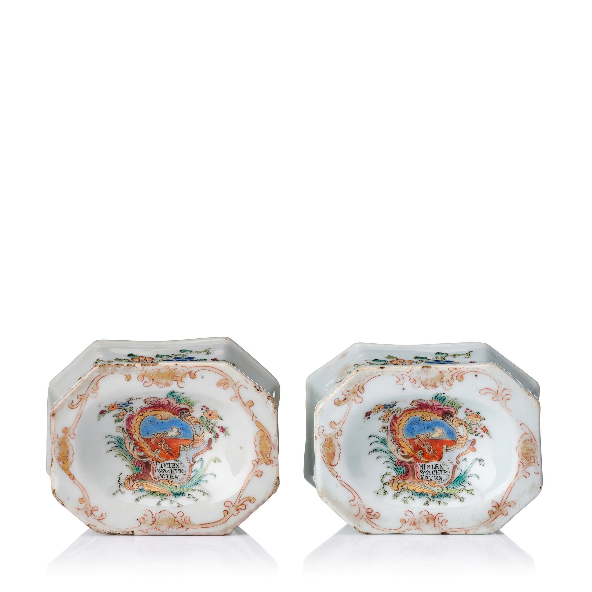 A pair of famille rose armorial salts, Qing dynasty, Qianlong (1736-95).