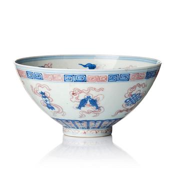 886. An underglaze blue and iron red bats bowl, China, possibly Republic, 20th century.