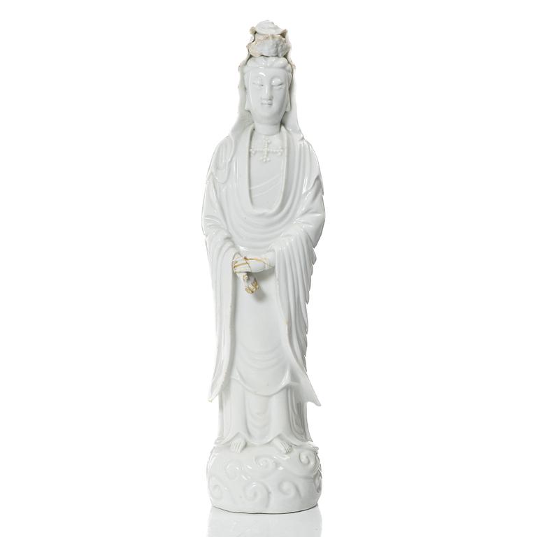 A Chinese blanc-de-Chine porcelain figure of Guanyin, Qing dynasty (1644-1912.