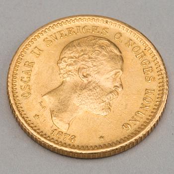 MYNT, guld, 10 kr, Oscar II, 1874. Vikt 4 gram.