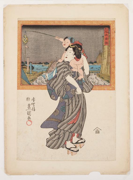 Utagawa Kunisada Kochoro Toyokuni III, Kvinna bärandes ett barn.