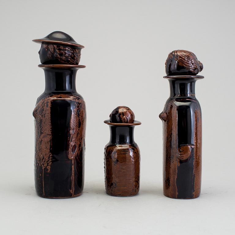 STIG LINDBERG, three stoneware flasks, Gustavsberg 1970s.