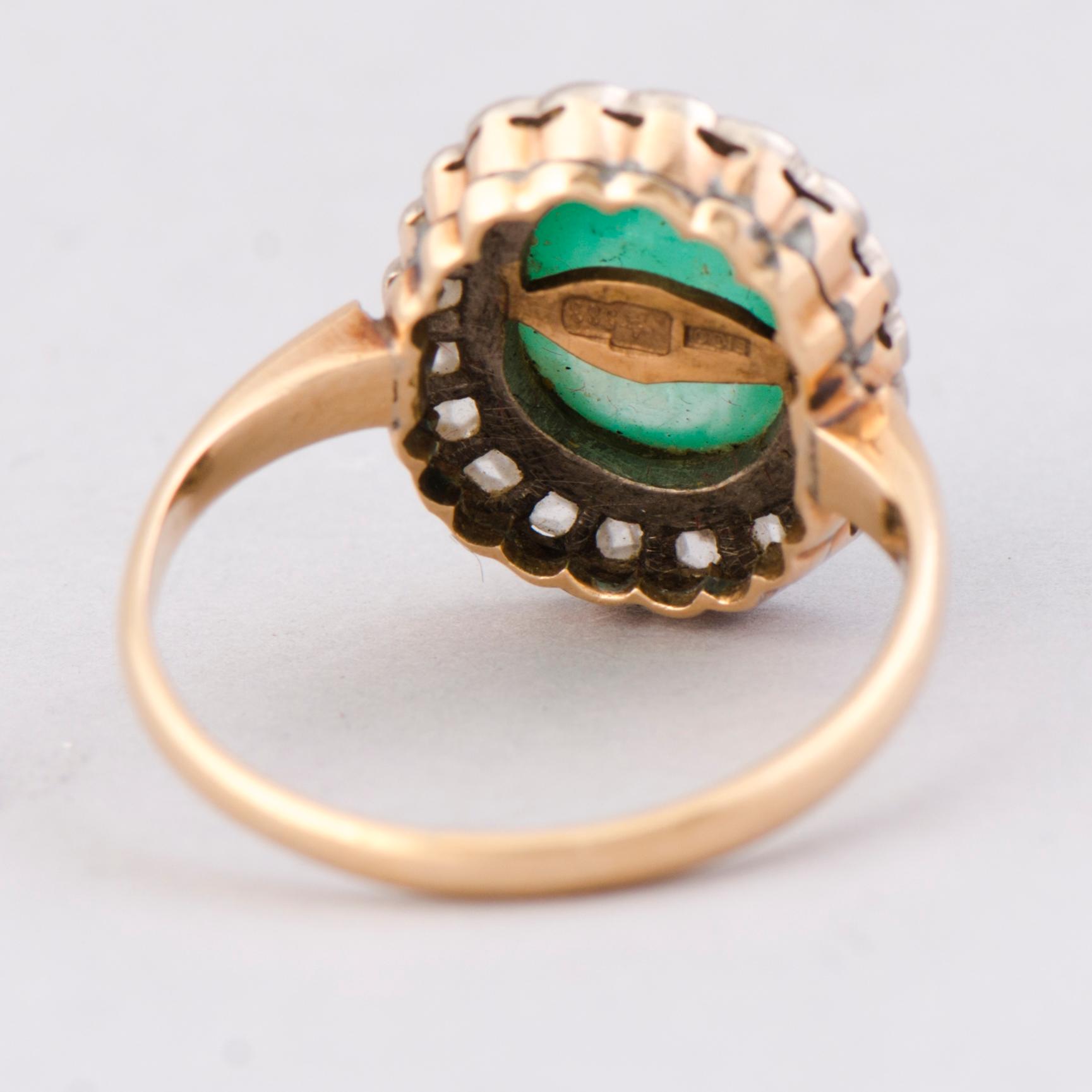 A RING, cabochon cut emerald, rose cut diamonds, 14K gold. Soviet.
