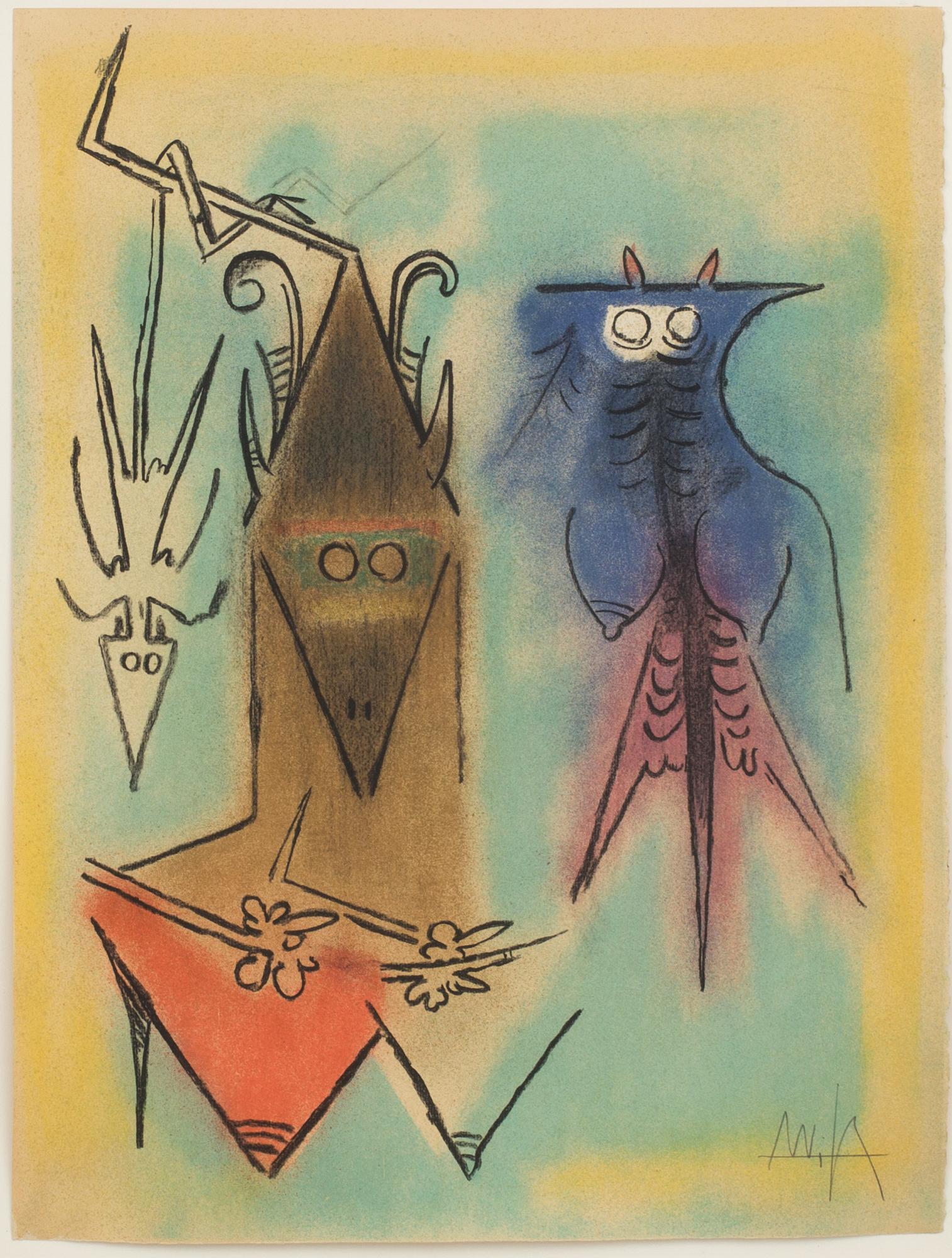 WIFREDO LAM, a lithograph in color. Signed.