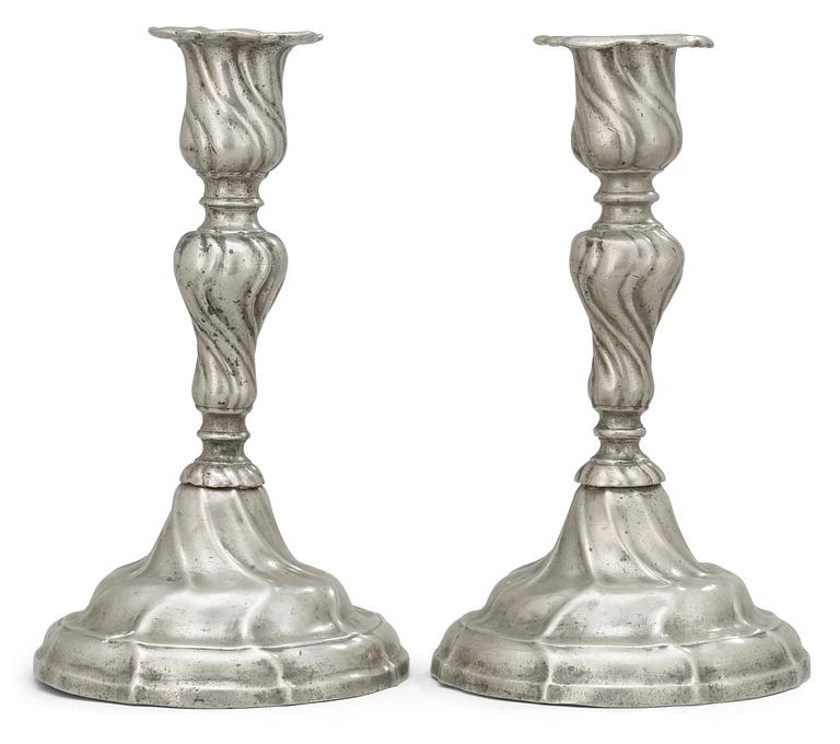 Two matched Rococo pewter candlesticks by Gudmund Östling (1762-1790).