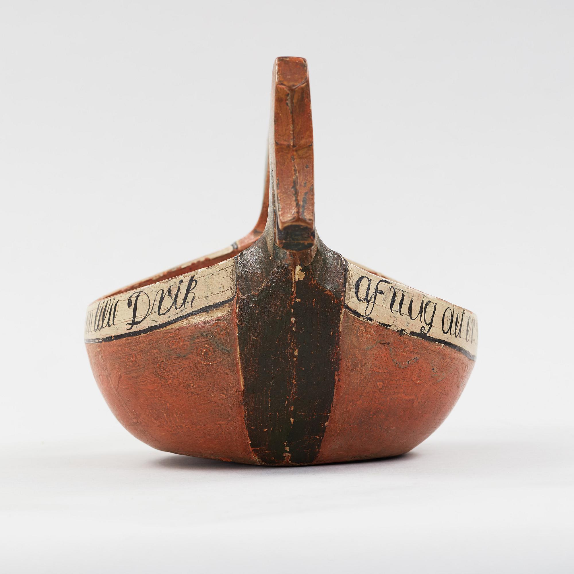 A Norwegian 18th century "Kjenge" painted carved wood ale cup bowl.