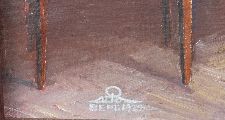 BLOMGREN, VALTER. Olja på duk. Sign o dat sept 1979.