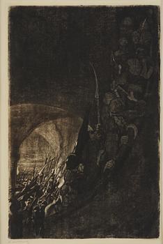 Käthe Kollwitz, "Bewaffnung in einem Gewölbe" from: Bauernkrieg (Peasant's War).
