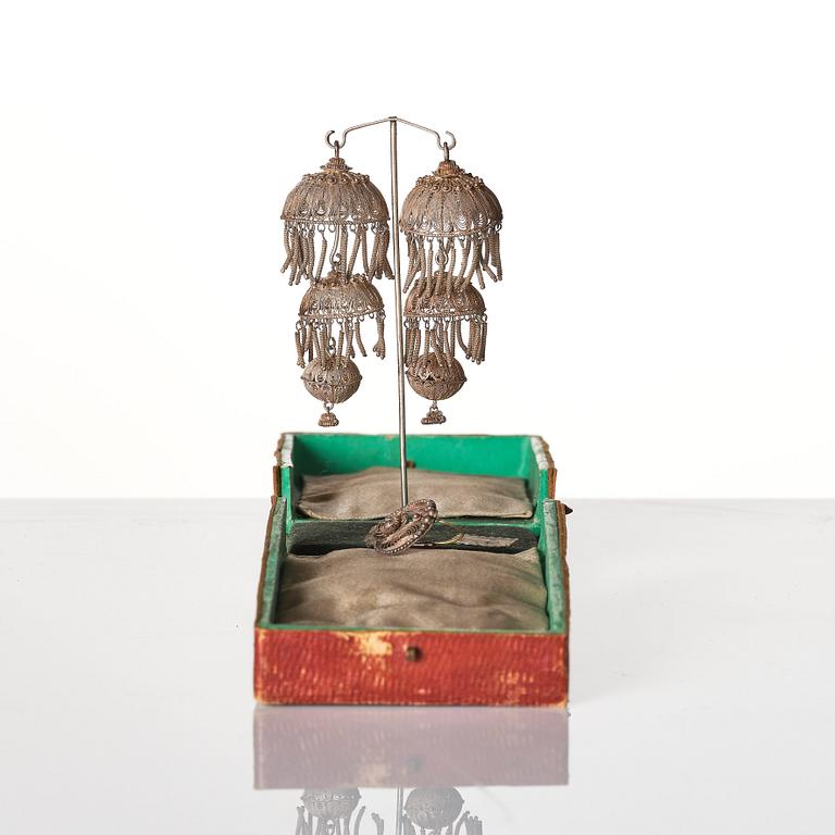 A pair of silver filigree earrings/re-worked hair ornaments, Qing dynasty, 19th Century.
