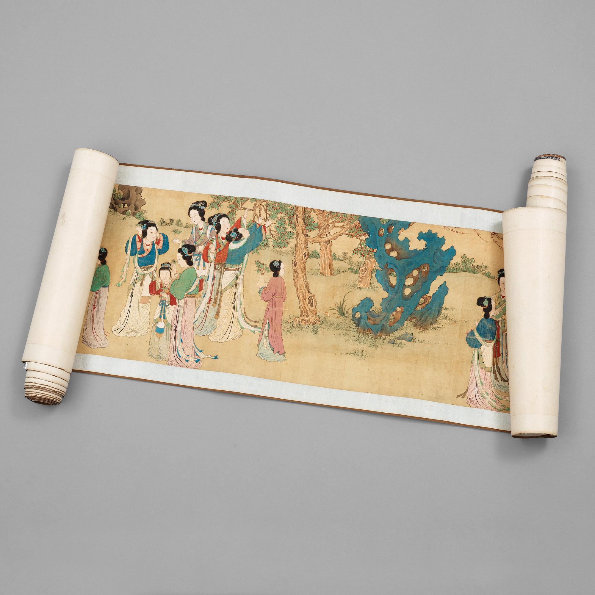 A fine painting of 100 ladies and attendants in a palace garden, and with calligraphy, late Qing dynasty (1644-1912).