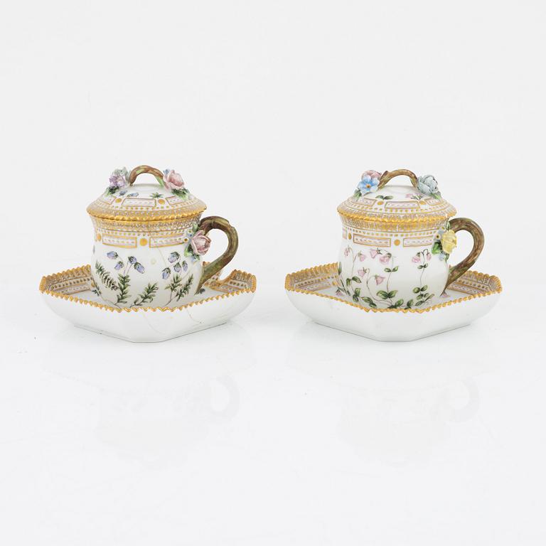 A set of two Royal Copenhagen 'Flora Danica' custard cups with covers and saucers, Denmark, 20th Century.