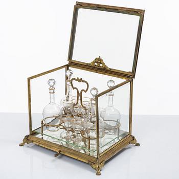 Liqueur set, glass and brass, first half of the 20th century.