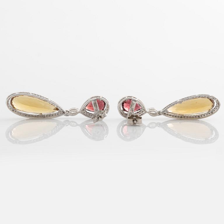 Earrings, white gold with citrines, garnets, and marquise and brilliant-cut diamonds.
