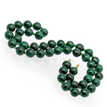 Malachite necklace, beads approx 15 mm and glass beads, approx 80 cm,  clasp metal.