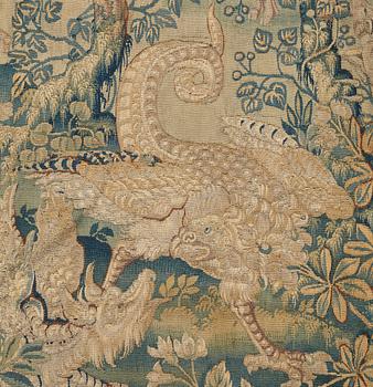 VÄVD TAPET, gobelängteknik, ca 191,5 x 220,5 cm, Flandern 1500-tal. Järnstång medföljer.