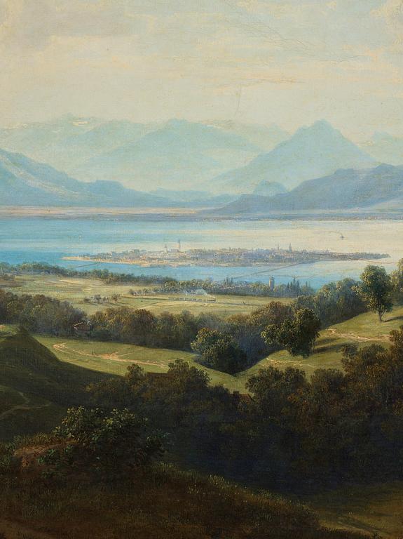 Alplandskap med sjö och slott.