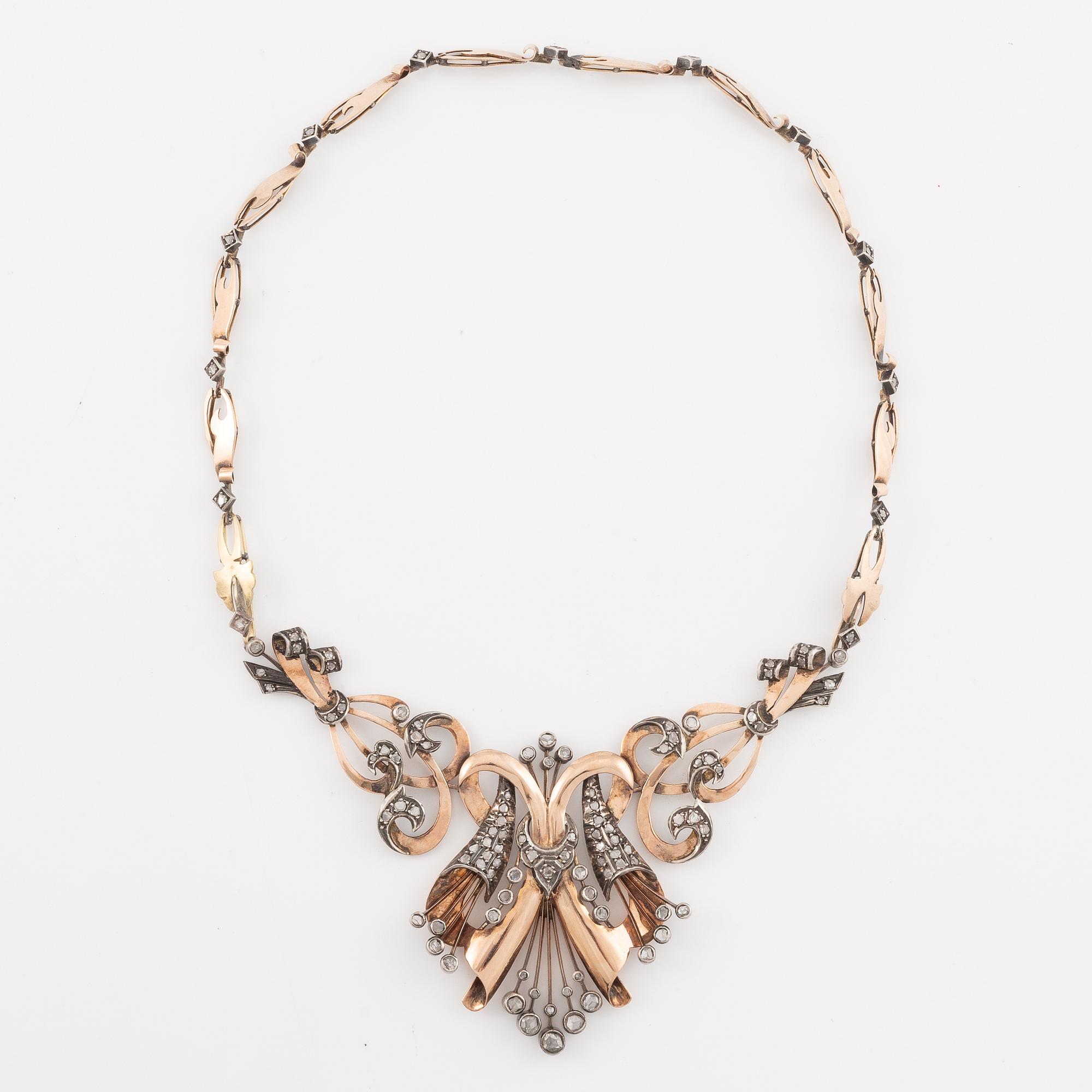 Necklace 14K gold and silver with rose-cut diamonds.