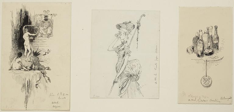 Carl Larsson, 6 drawings, signed C.L, Indian ink and hightening white mounted on cardboard.