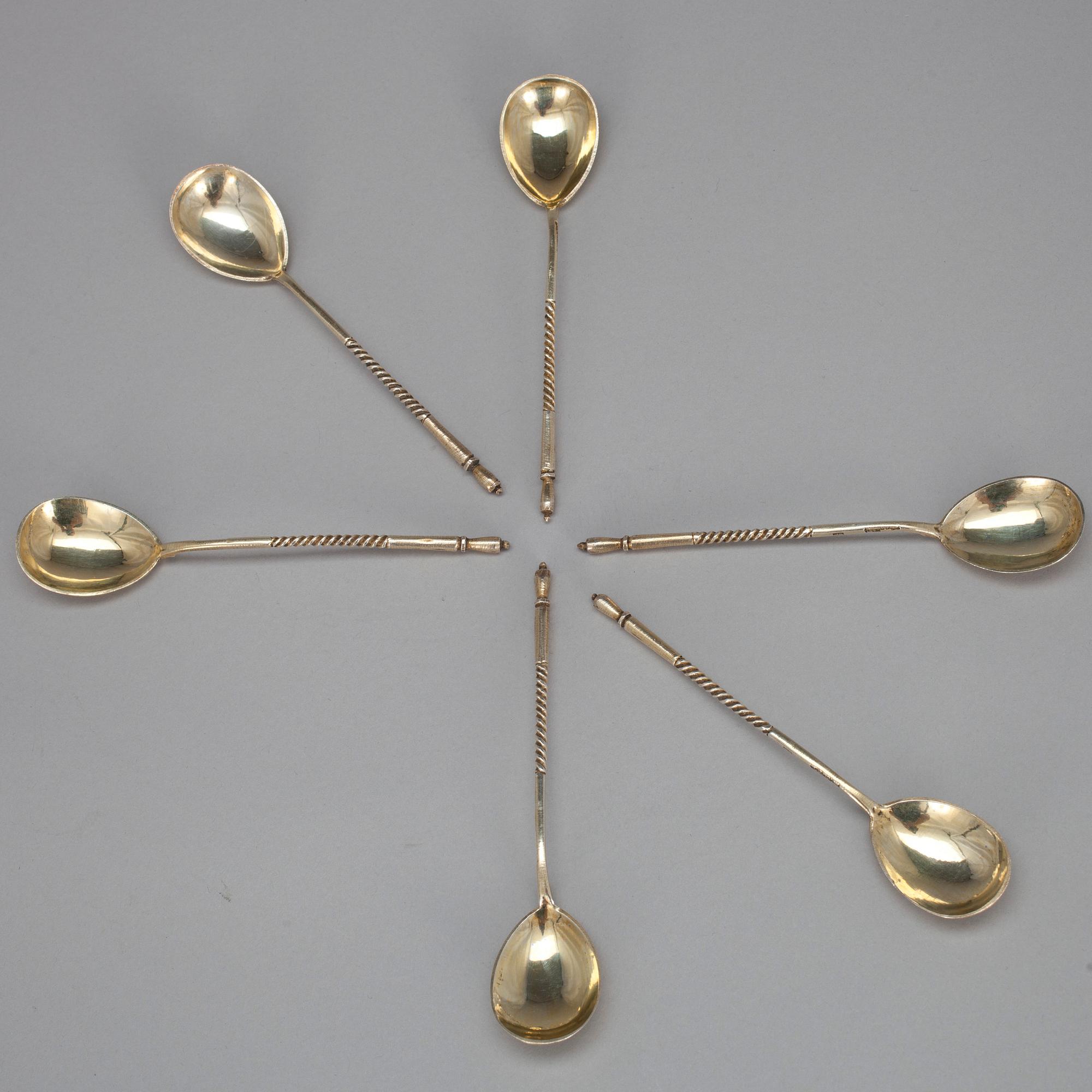 TESKEDAR, 6 st, förgyllt silver, Moskva Ryssland, 1894. Tot. vikt ca 69 g.