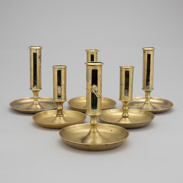 LJUSSTAKAR, 6 st, mässing, 1800-tal.