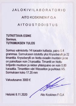 Ring, 14K vitguld, krysoberyll ca 3.00 ct och diamanter ca 0.80 ct tot enligt certifikat. Erkki Nupponen, Helsingfors.