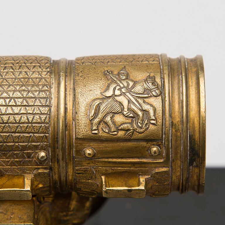 A Russian gilt brass decorative miniature cannon, second half of 20th Century.