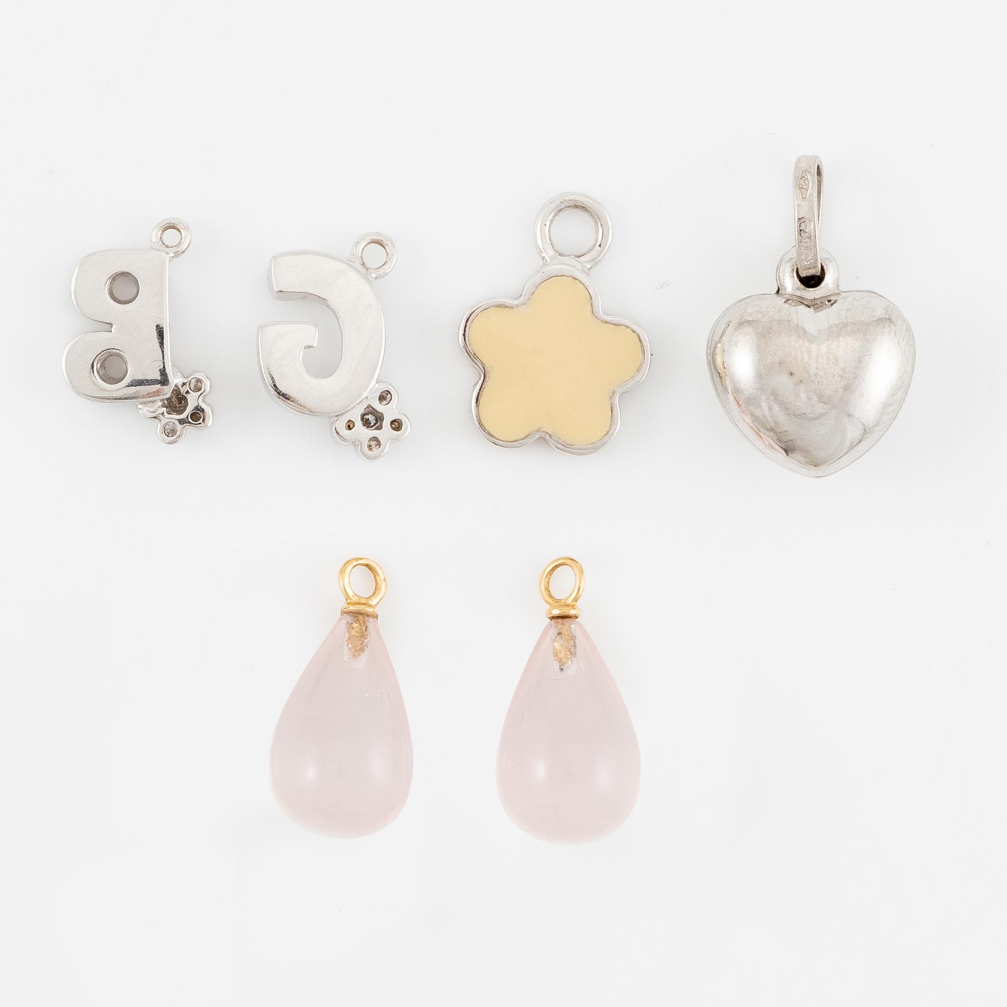 Four pendants with diamonds, and a pair of earrings with rose quartz, 18K gold and white gold.