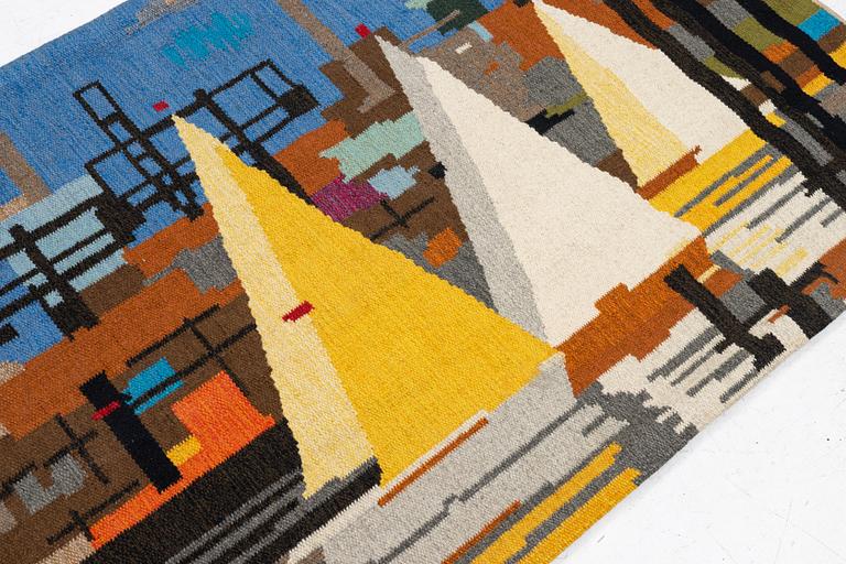 Heiko Becker-Sassenhof, väggtextil, Signerad. "I hamn" , rölakan, Gammelstads Handväferi. 130 x 200 cm.