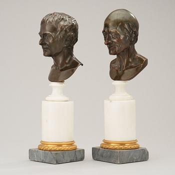 A pair of late Gustavian late 18th century busts depicting Rosseau and Voltaire.