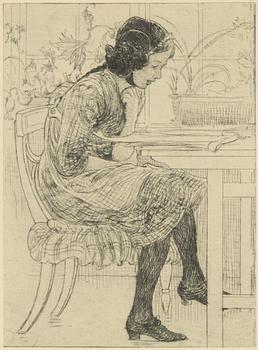 Carl Larsson, etsning, 1916, signerad med blyerts.