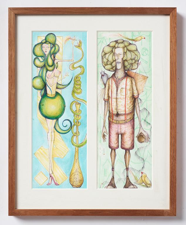 Tiago Ishiyama, mixed media on paper. Two framed together.