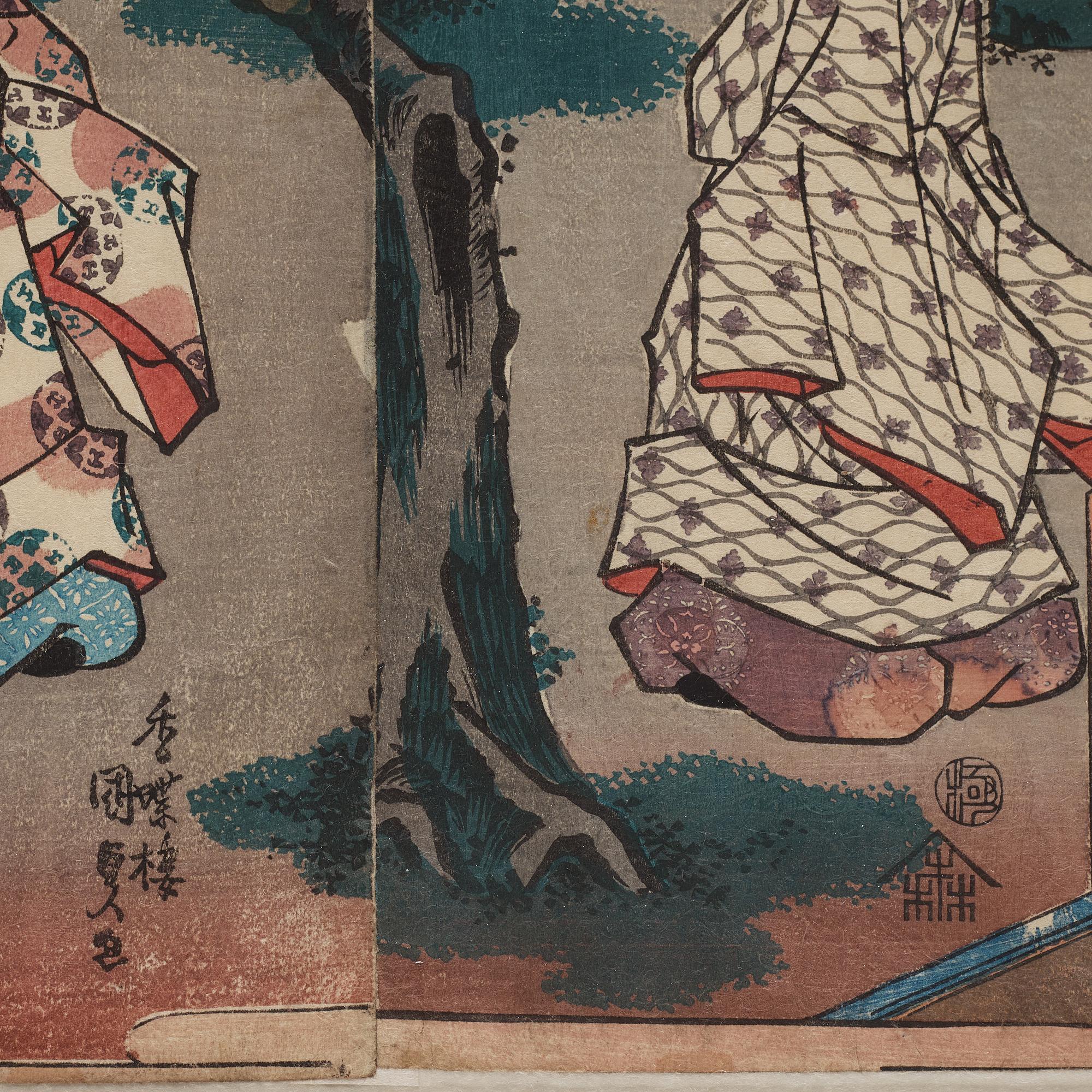 UTAGAWA KUNISADA, även kallad Toyokuni III (1786-1864), triptyk, färgträsnitt. Japan, "The Tale of Genji".