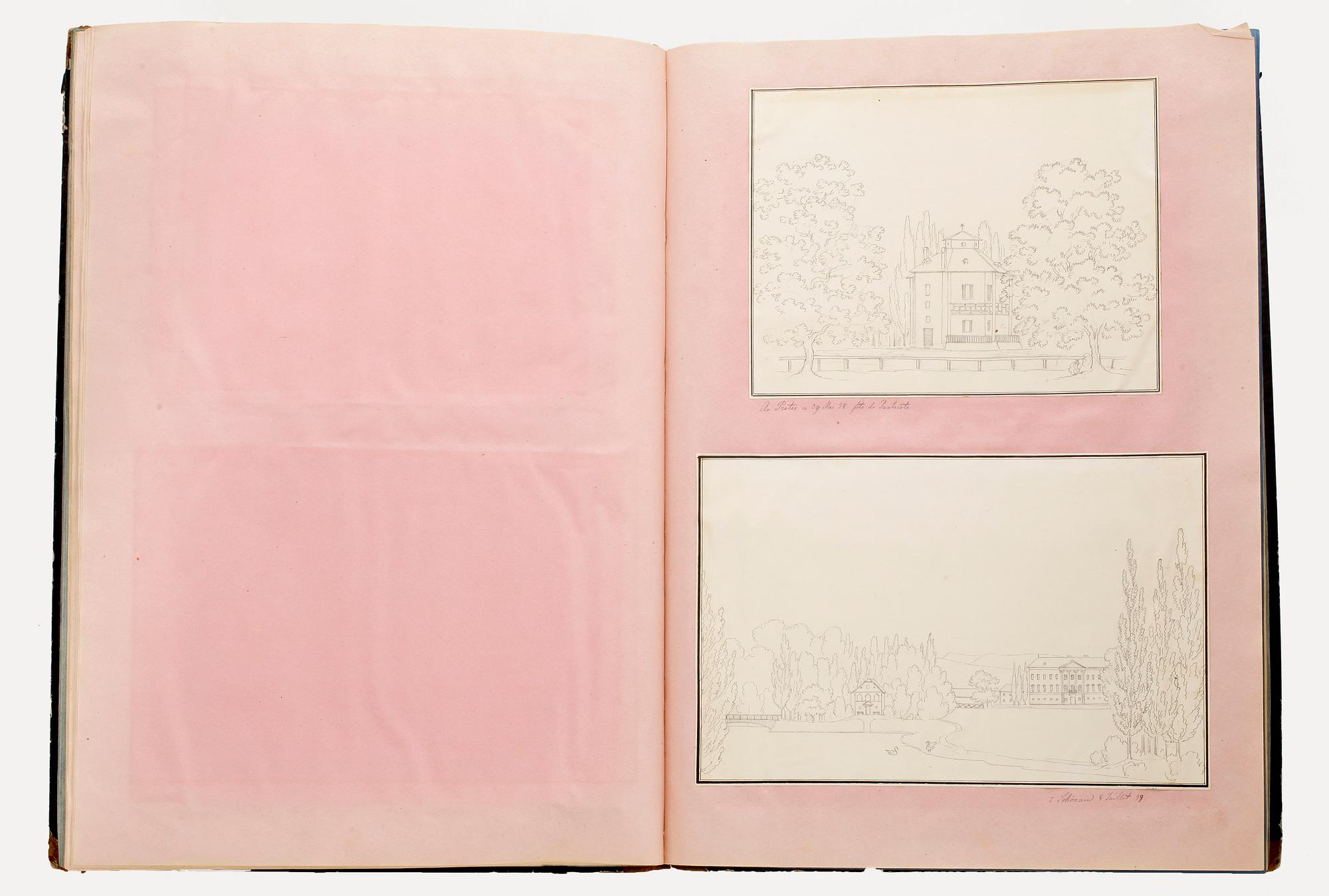 ALBUM FRÅN EUROPARESA, med teckningar och gravyrer, flera daterade 1838-43.