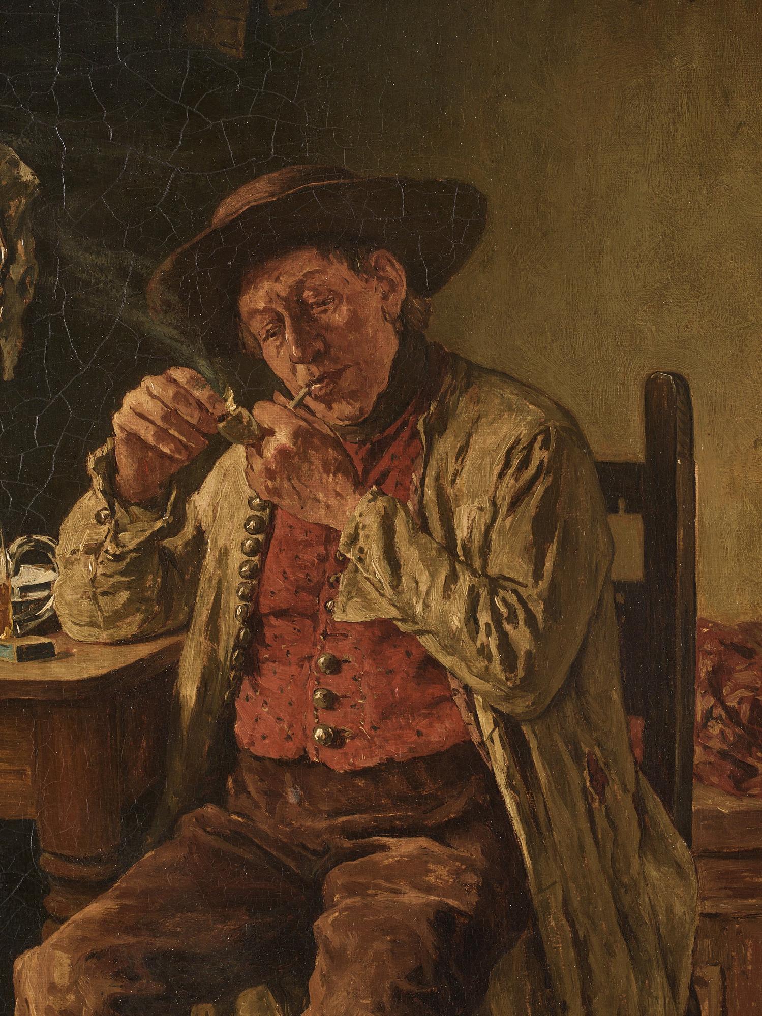 August Jernberg, Interior with man lighting his pipe.