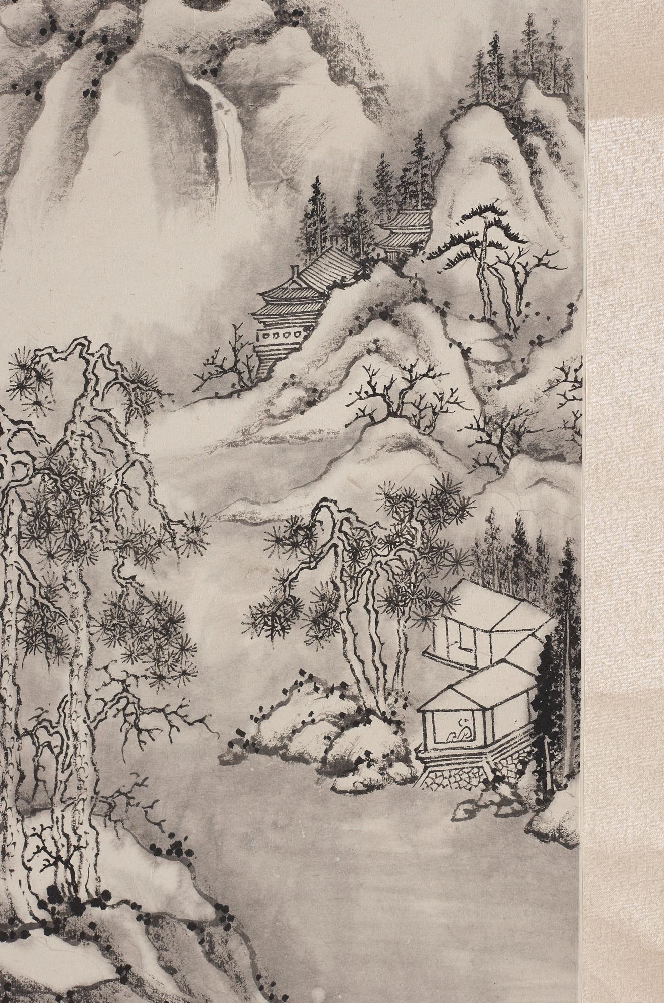 A hanging scroll o a landscape with buildings and a figure, by an unknown artist (Zhang Daye), 20th Century.