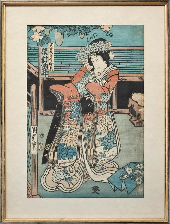 JAPANSKA TRÄSNITT, 2 st, Kunisada och Toyokuni III, 1700/1800-tal.