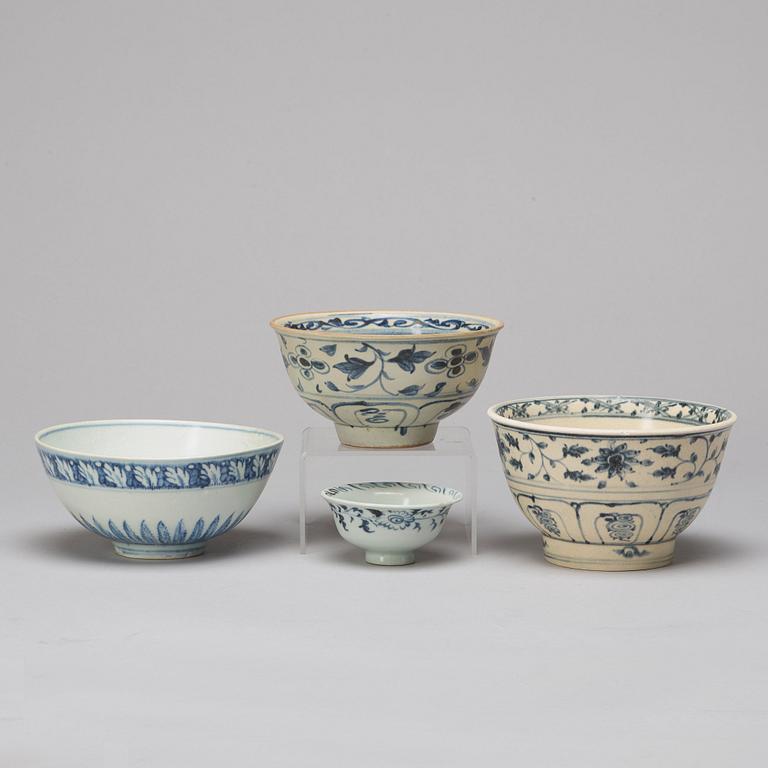 A group of for blue and white bowls, South East Asia, some 15t/h16th Centuyr.