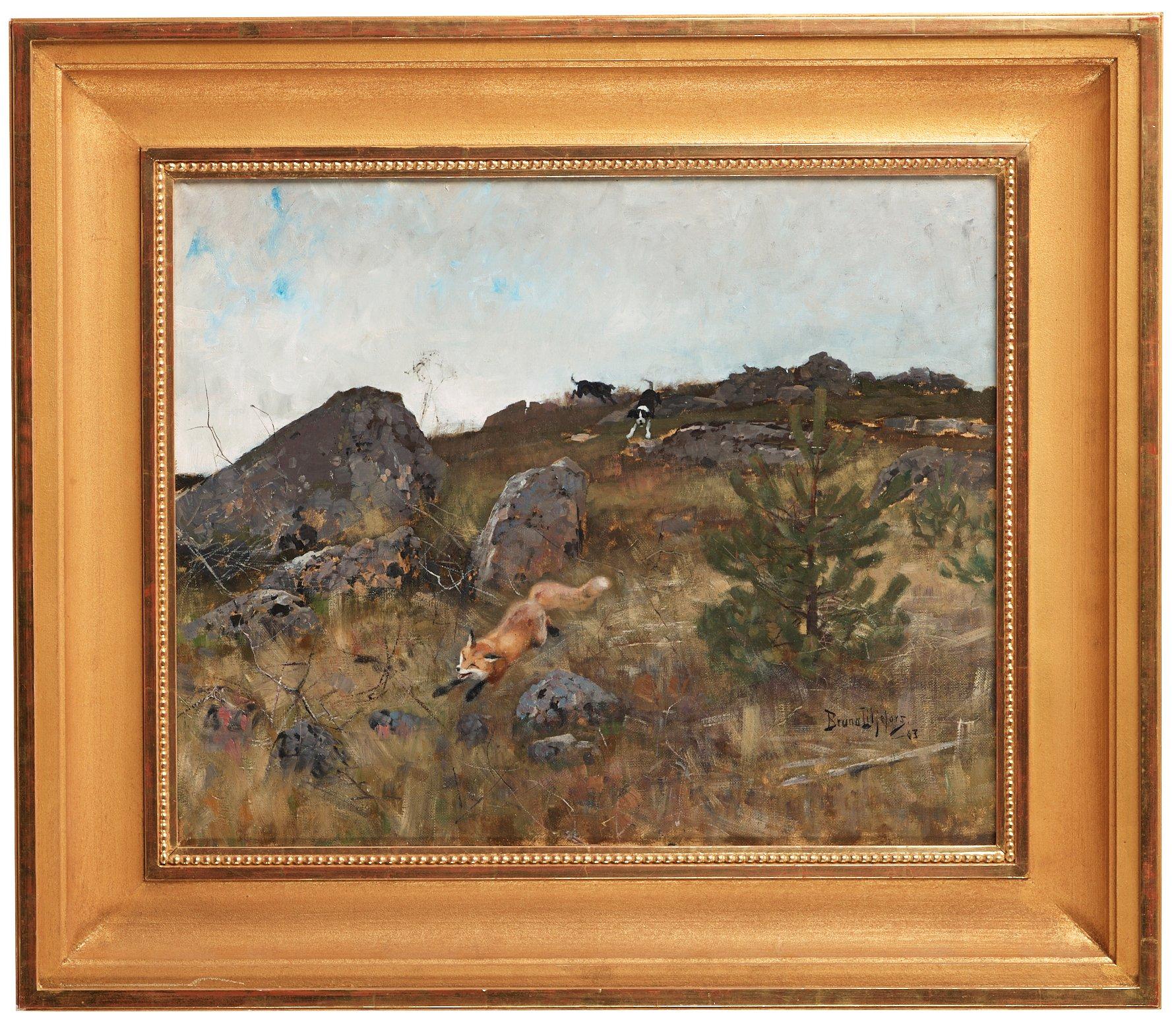 Bruno Liljefors, "Stövare jagande räv i höstlandskap" ("Fox Chased by Hounds").