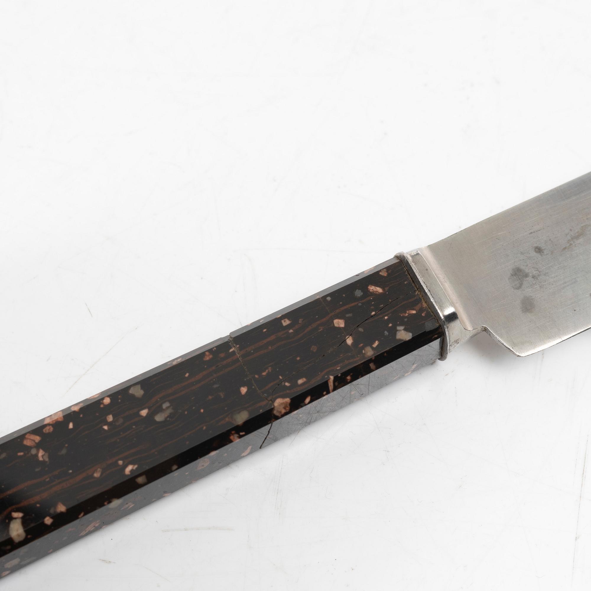 Six 19th century table knives with porphyry handles, Sweden.