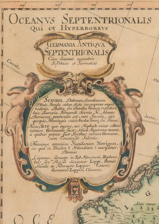 Caspar Dankwerth & J Meyer, kartta Skandinaviasta, käsinvärjätty kuparipiirros, Husum 1652.