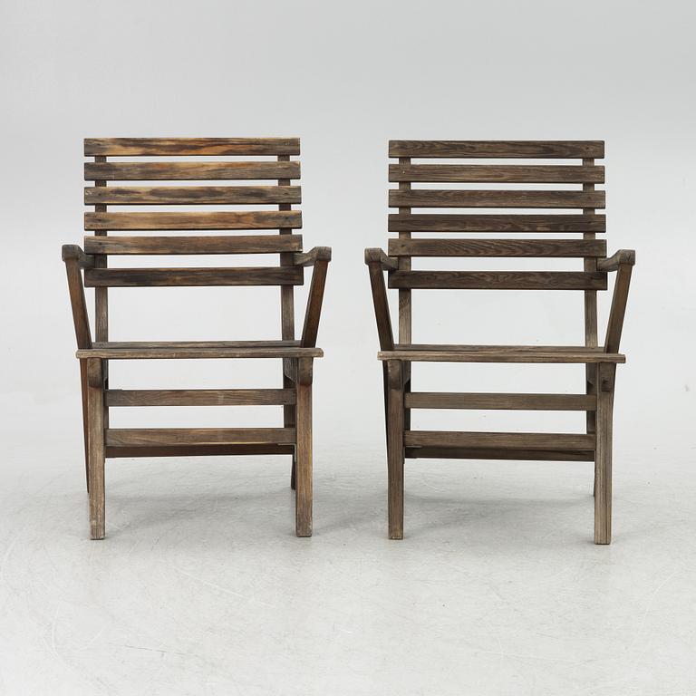 Carl Malmsten, garden furniture, a table and two armchairs. "Bergshamra", second half of the 20th century.