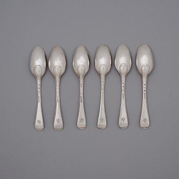 A set of six Swedish 18th century silver dessert-spoons, marks of Berndt Johan Frodelius, Stockholm 1776 and 1777.