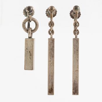 Earrings, three pieces, silver, possibly made from bars of jewellery by Wiwen Nilsson.