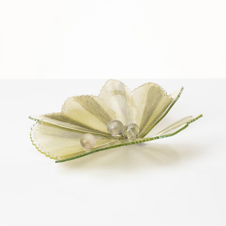 Ulla Forsell, a glass sculpture of a leaf with with three glass drops, ca 2013, ed. 122/150.