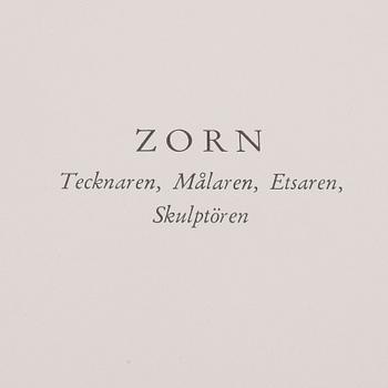 BOK, "Zorn tecknaren, målaren, etsaren, skulptören" av Gerda Boëthius. Stockholm/Nordisk, Rotogravyr, 1949, uppl 1457.