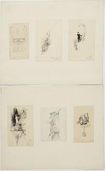 Carl Larsson, 6 drawings, signed C.L, Indian ink and hightening white mounted on cardboard.