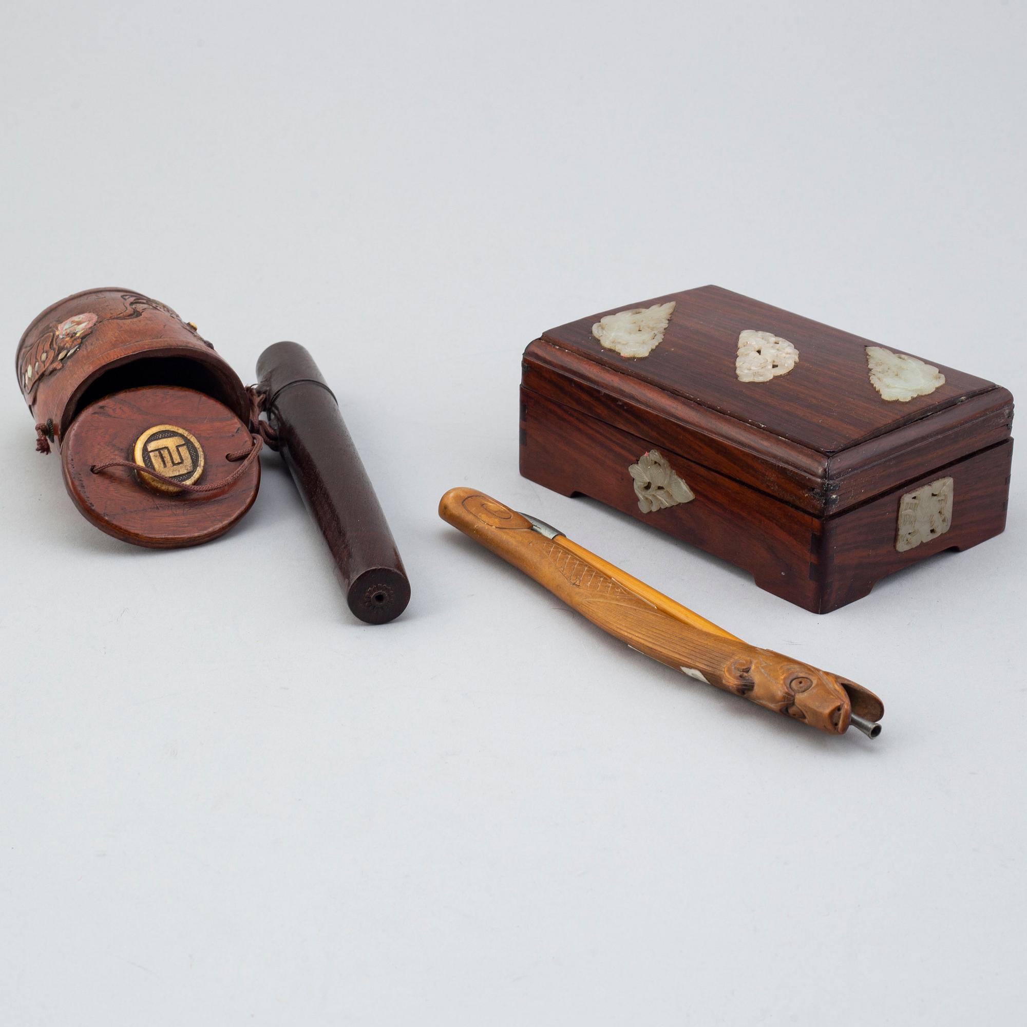 A group of chinese pipes and boxes, China, 20th Century.