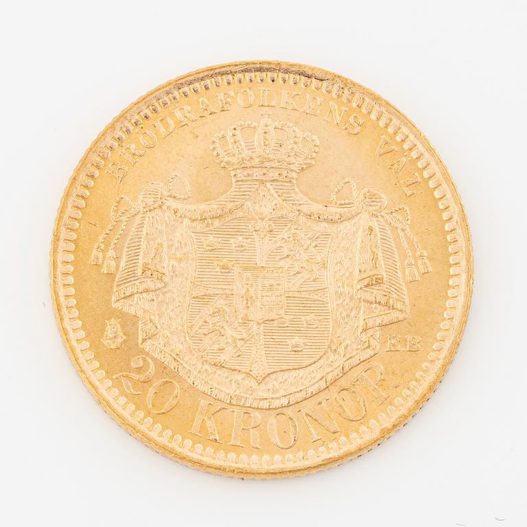 Guldmynt, Oscar II, 20 kronor, typ III, Sverige 1880.